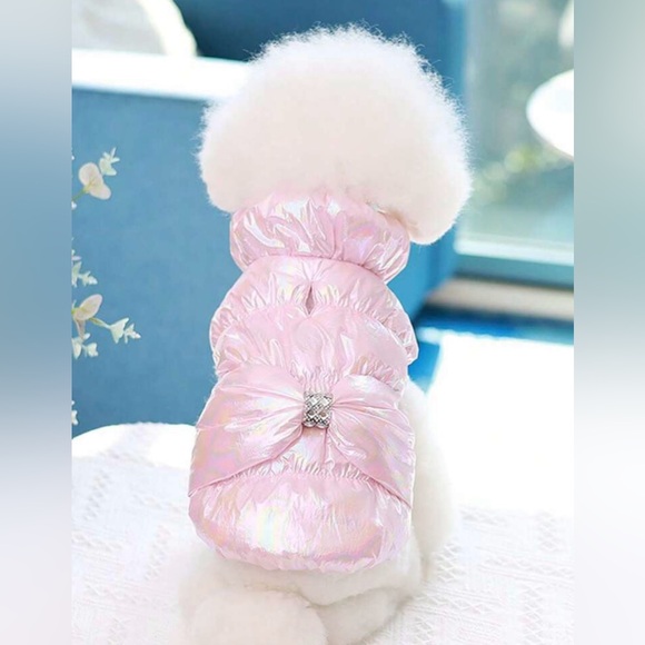 🛍️BOGO🛍️Iridescent Pink Dog Puffer Jacket | Sleeveless | Crystal Bow | S | New - Picture 2 of 11